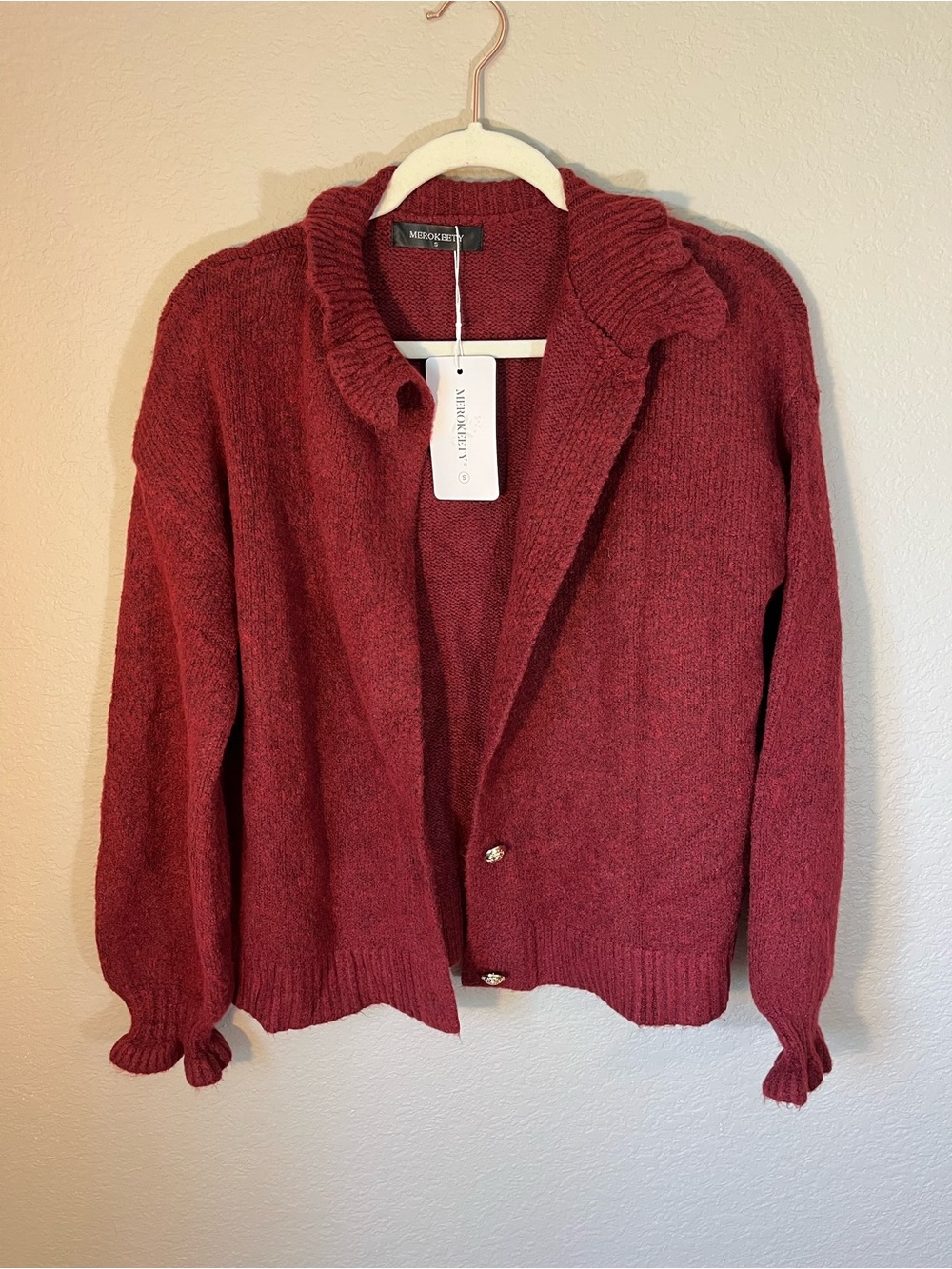 Merokeety Burgundy Knit Cardigan Sweater Gold Buttons Size Small NWT